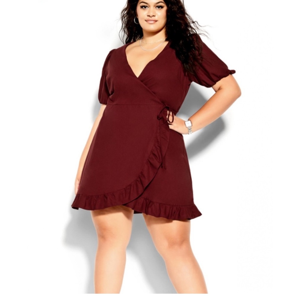 WORN ONCE City Chic Ruffle Dreams Wrap Mini Dress in Pomegranate SZ 24